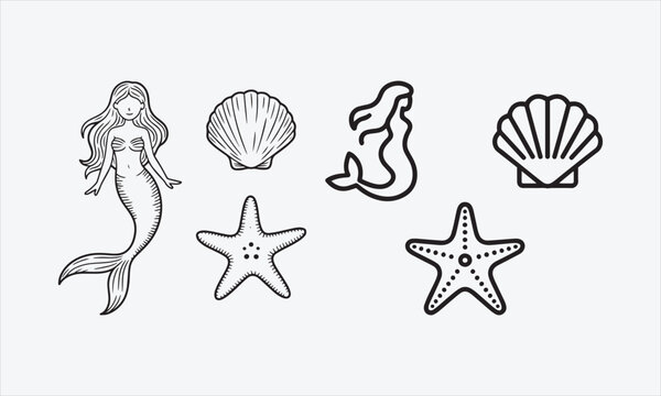 Mermaid seashell starfish icons hand drawn sketch line art icon srt vector illustration