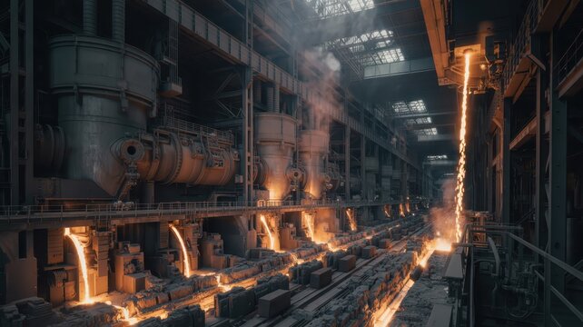 Steel Foundry Manufacturing Process with Molten Metal Pouring in Factory
