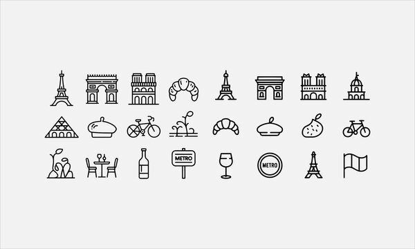 Paris travel icons doodle line art icon set vector illustration