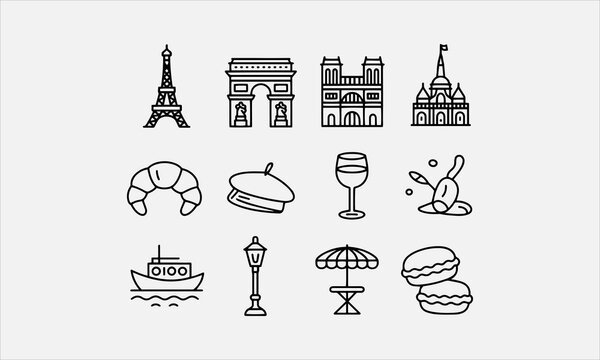 Paris travel icons doodle line art icon set vector illustration