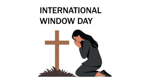international widow day awareness illustration with grieving woman beside memorial cross for compassion support remembrance and humanitarian campaign