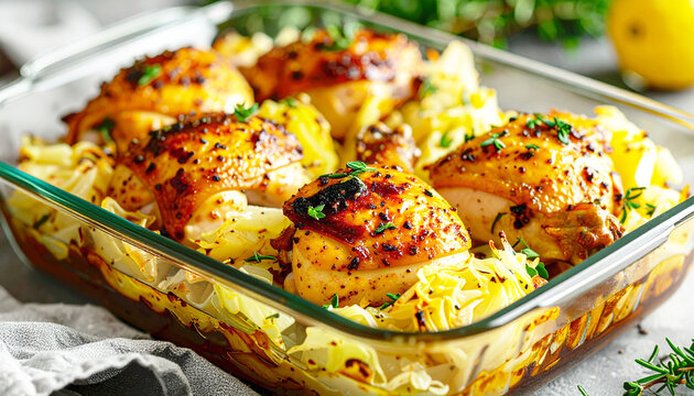 Honey mustard Roasted chicken and cabbage, baking dish, closeup. AI