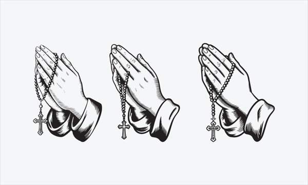 Praying woman Hands with rosary cross. Vintage black engraving illustration. Monochrome line art icon set vector illustration