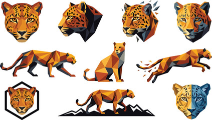 Low Poly Leopard Polygon Vector Collection Featuring Geometric Wild Cat Faces Running Panther Shapes and Modern Abstract Animal Designs © MstSuborna