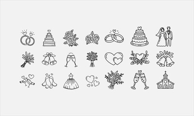 Fototapeta premium Romantic wedding doodle hand drawn line art icon set vector illustration