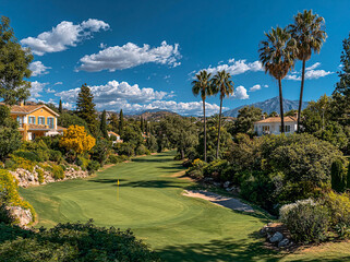 Obraz premium A sunlit golf course features palm trees, lush greens, and a mountain backdrop under a clear blue sky.