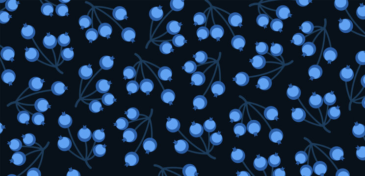 Vector blueberry pattern on dark background. Vector branches with blue berries texture. Minimalist wild berries background for textile and packaging design. Horizontal orientation berries banner