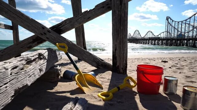 Beach scene with driftwood, colorful toys, and a distant boardwalk roller coaster under a bright sky