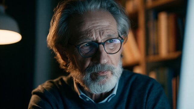 Focused medium shot of senior analyst querying advanced forecasting interface with voice command soft diffused light casting gentle shadows in an intellectual workspace filled with