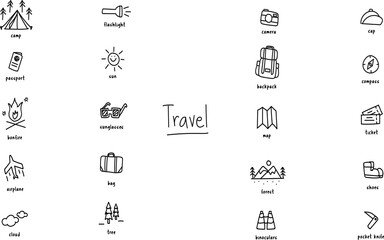 travel doodle icons set, tourism and adventure sketch symbols hand drawn travel icons collection, vacation doodle illustration tourism and travel sketch icons, adventure symbol set © Airshare