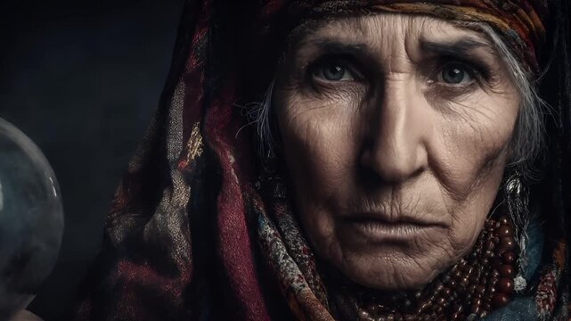Fantasy wallpaper. A detailed portrait of an elderly woman, rendered in a dramatic style. She wears a richly patterned headscarf in deep red, orange, and brown hues.