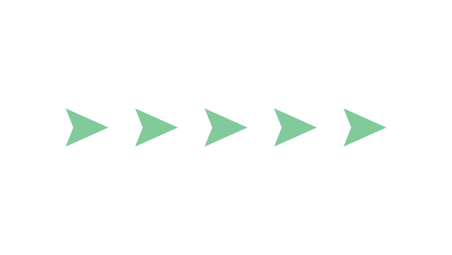 Five green arrows pointing to the right in a row on a transparent background, A simple graphic illustration featuring a sequence of five identical green arrow shapes arranged horizontally