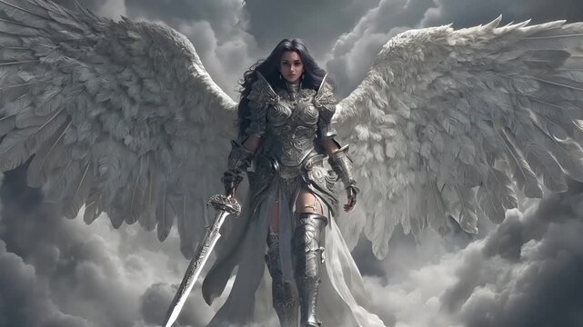 Fantasy wallpaper. A detailed digital artwork depicts an angelic figure with large, white, featherlike wings. The figure wears ornate silver armor with intricate designs and holds a long.
