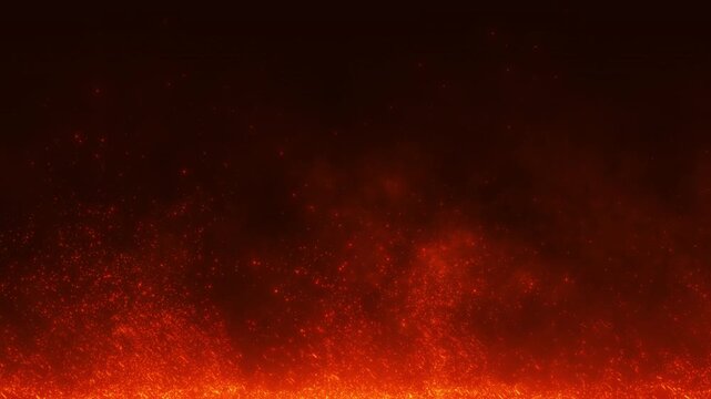 Cinematic red fire particles background with glowing sparks, smoky heat and dark atmosphere, seamless loop for dramatic overlays, fantasy scenes, VFX and motion graphics.