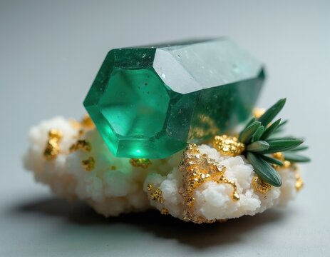 Green hexagonal crystal on white matrix with gold. Natural stone formation with sharp edges and clear facets. Macro shot of mineral specimen.