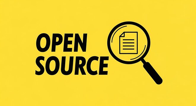 Open source software concept on yellow background, magnifying glass inspecting document icon, collaborative development and transparency banner