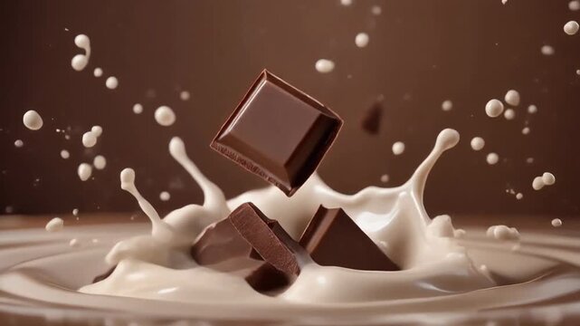 Video of dark chocolate chunks falling into a splash of white milk cream.
