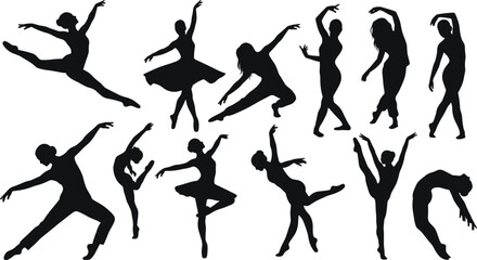 Collection of dancing women silhouettes featuring black female characters practicing ballet contemporary and modern dance performance set © MD