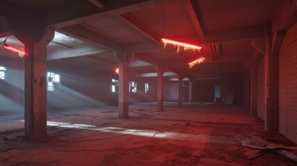 Naklejka premium Dimly Lit Empty Warehouse Interior with Red Neon Lighting and Dust Particles