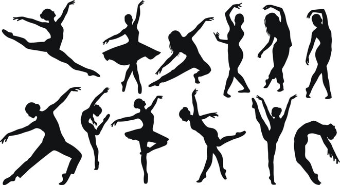 Collection of dancing women silhouettes featuring black female characters practicing ballet contemporary and modern dance performance set