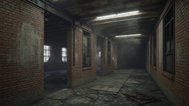 Derelict Industrial Building Interior with Broken Flooring and Dusty Atmosphere