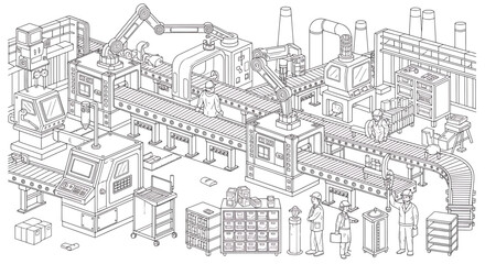 Fototapeta premium An isometric line art illustration of a modern factory floor featuring robotic assembly arms, conveyor belts, machinery, and workers in a production setting.