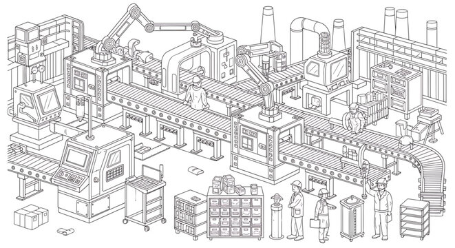 An isometric line art illustration of a modern factory floor featuring robotic assembly arms, conveyor belts, machinery, and workers in a production setting.