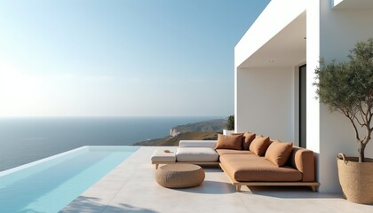 Fototapeta premium Modern villa with infinity pool overlooks ocean. Minimalist outdoor lounge area with sofa and table. Coastal home offers serene sea views and relaxation.