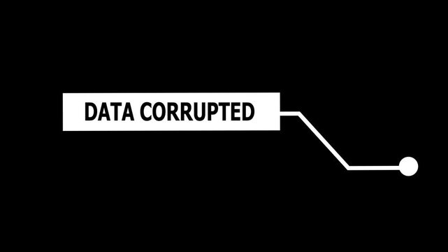 Dynamic data corrupted hud interface with minimalist white text box and connecting line for high-tech cybersecurity, digital error notification, and system failure alerts
