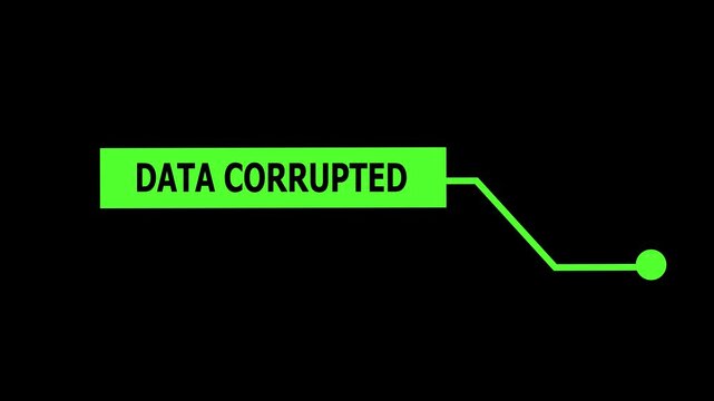 Data corrupted digital hud interface with green text box and animated callout line for cyberpunk tech ui futuristic software error notification and system alert