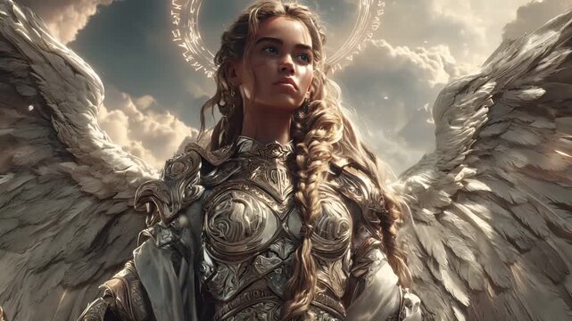 Fantasy wallpaper. A detailed digital artwork depicts a female figure with large, white, featherlike wings. She wears ornate, metallic armor with intricate designs and patterns. Her long.