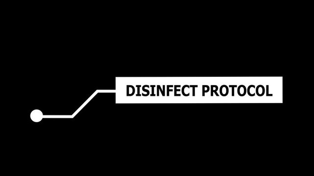 Disinfect protocol lower third motion overlay with minimalist white text box and animated callout line for medical, hygiene, and sanitation safety awareness projects