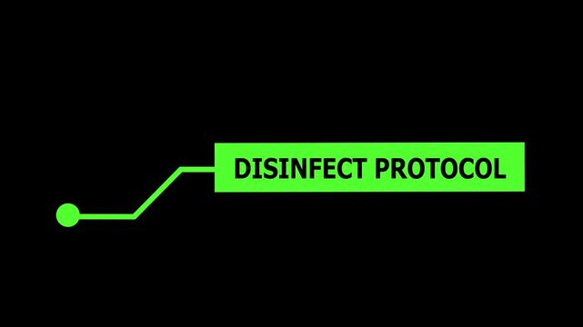 Disinfect protocol digital hud lower third with animated green callout box and pointer for medical hygiene safety procedures and healthcare instructional broadcast media