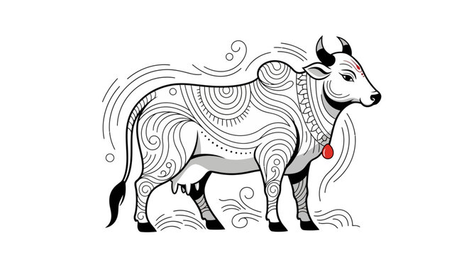 Sacred Cow Illustration with Traditional Indian Patterns - White Background