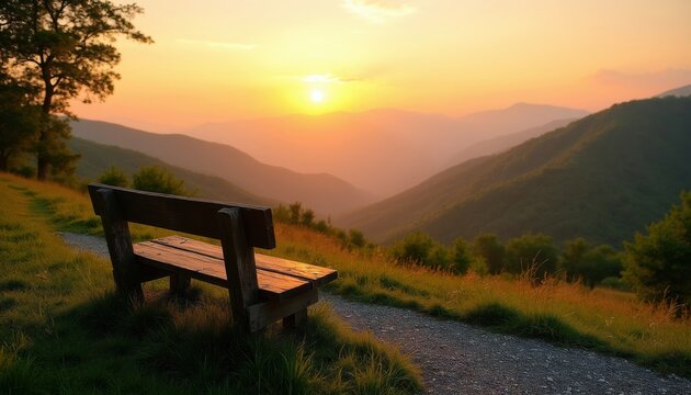 Wooden bench sits on green grassy hill beside gravel path. Hazy mountains viewed at golden hour sunset light. Tranquil natural landscape offers peaceful solitude.