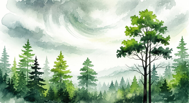 The artist created a stunning abstract watercolor painting of a summer landscape with a textured sky and vibrant green trees capturing the essence of nature and travel in a grunge inspired .