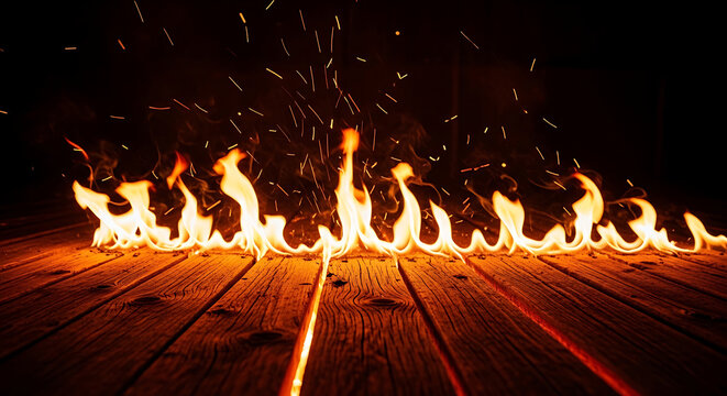 Flames flickering on a wooden surface with sparks flying upwards in the dark darkness background lighting abstract conflagration combustion fireplace