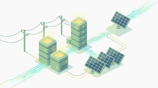 Illustration of green energy storage systems in batteries and electrical infrastructure, futuristic eco-technological design, cinematic lighting, isolated on a white background.