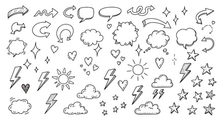 Fototapeta premium Sketches display weather icons and star symbols.