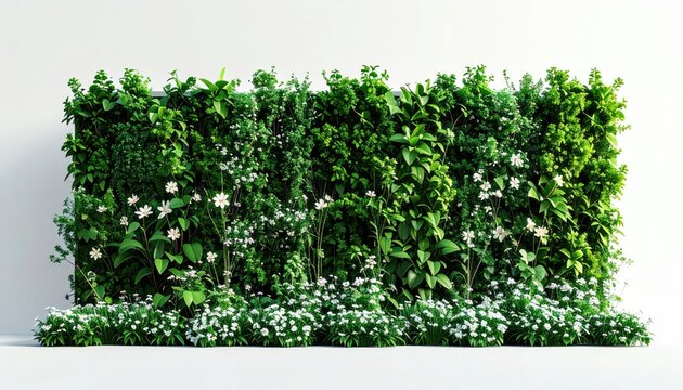 Lush green wall with white flowers, dense foliage, and verdant growth