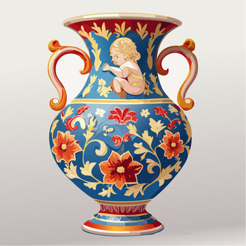 Ornate Painted Ceramic Vase with Elaborate Floral Pattern, Cherub Illustration, and Decorative Handles