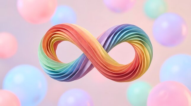 3D papercraft rainbow infinity symbol floating with pastel balloons, representing neurodiversity and autism acceptance.