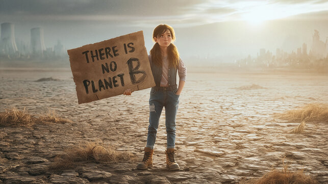 Teenager holding climate protest sign in drought landscape