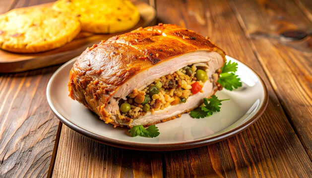 Colombian Lechona Stuffed Roast Pork on Wooden Table