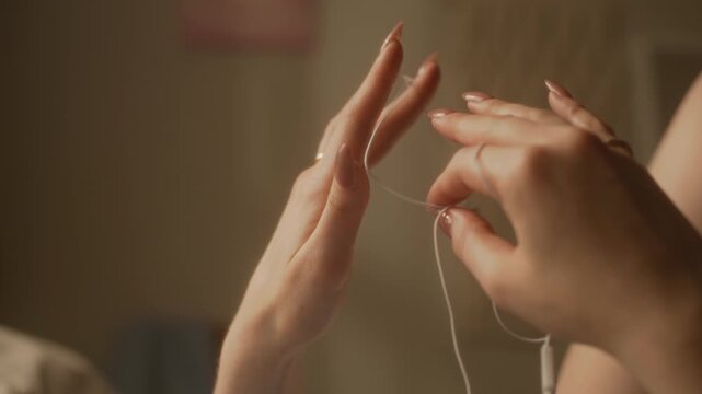 Cropped shot of hands of unrecognizable woman fidgeting with wired earphones while resting at home under warm lighting