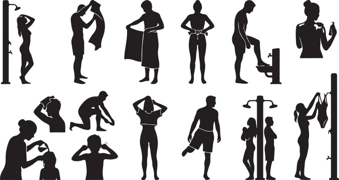 People Showering Bathroom Routine and Personal Hygiene Silhouettes Vector Set