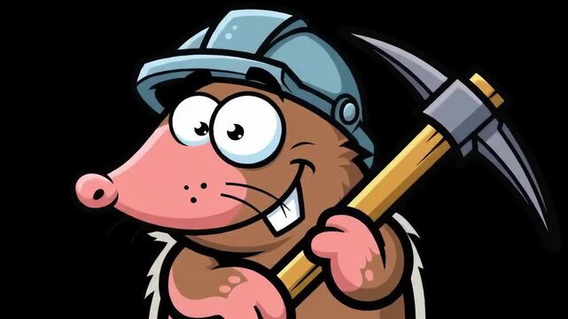 Cartoon mole wearing a construction hard hat and holding a mining pickaxe