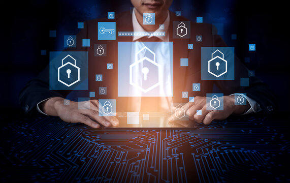 Businessman with Digital Security Icons, Cybersecurity Concept, Data Protection, Modern Technology, Financial Security, Future Innovations in Software and Networking Haptic.