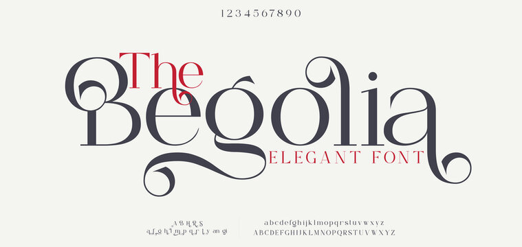 Luxury wedding alphabet letters font with tails. Typography elegant classic lettering serif fonts and number decorative vintage retro concept for logo branding. vector illustration