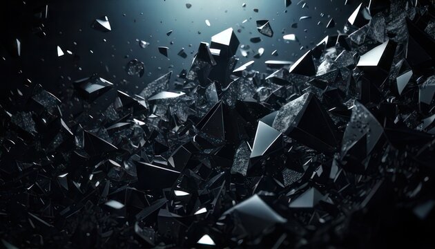 Abstract shattered glass explosion with dynamic lighting and dark background.